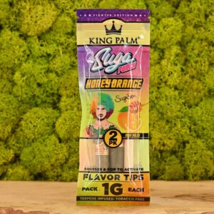 King Palm Mini Rolls Suga paquete cerrado con diseño colorido y detalles de hoja de palma orgánica.