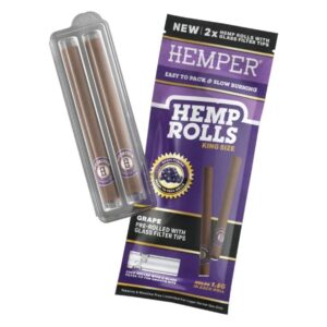 Conos Hemper King Size x2 con filtro de vidrio sabor Uva, empaque y blíster
