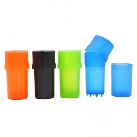 Grinder Tainer en colores naranja, negro, verde y azul con piezas separadas