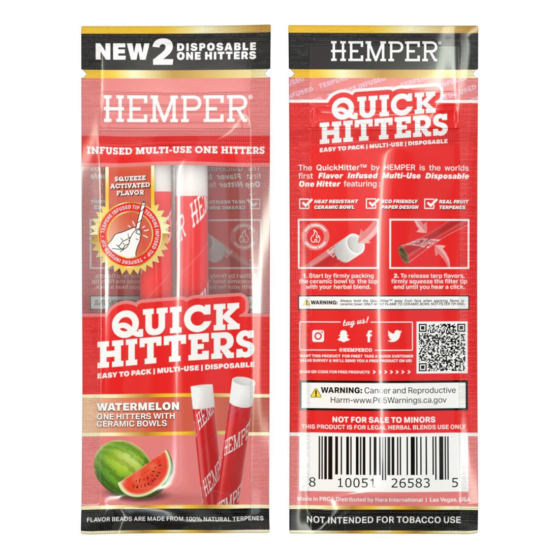 Sobre Hemper Quick Hitters x2 sabor Sandía, frente y reverso