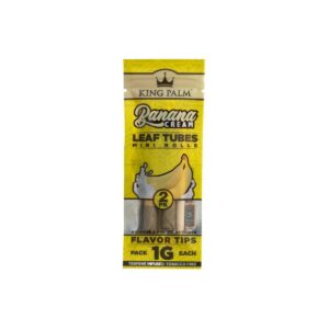 King Palm Mini x2 sabor Banana Cream – empaque con 2 rollos de hoja de palma y filtro de maíz
