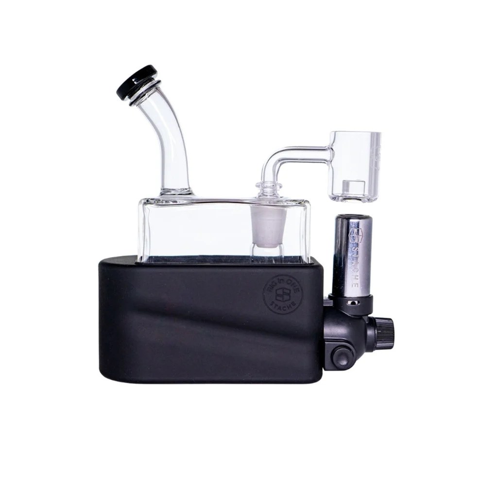 Stache Rig In One (RiO) negro: pipa de agua para ceras de vidrio con banger de cuarzo y soplete integrado