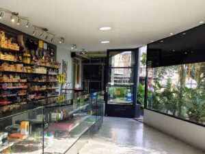Interior de la tienda Stoners Smoke Shop en Armenia, Quindío, con papeles RAW y OCB, grinders y vitrinas