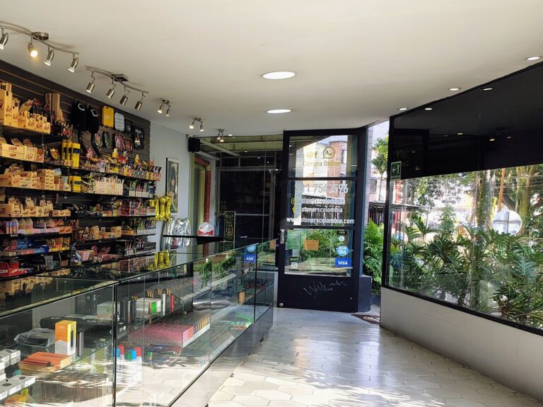 Interior de la tienda Stoners Smoke Shop en Armenia, Quindío, con papeles RAW y OCB, grinders y vitrinas