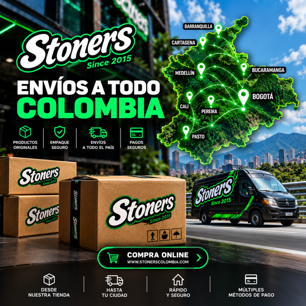 Envíos a todo Colombia de Stoners Smoke Shop: mapa con entregas a Bogotá, Medellín, Cali, Pereira, Barranquilla, Cartagena, Bucaramanga y Pasto